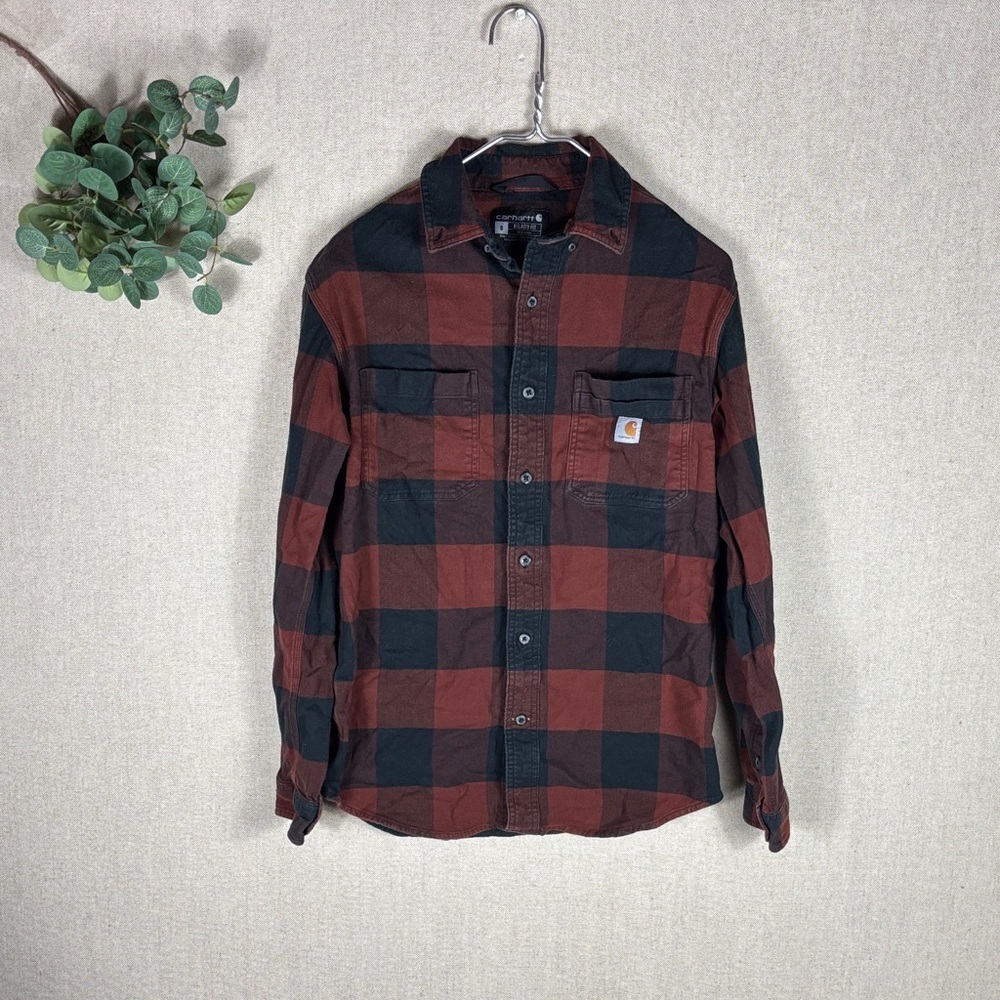 Carhartt Men's Casual Brown and Black Plaid Button Down Shirt Small